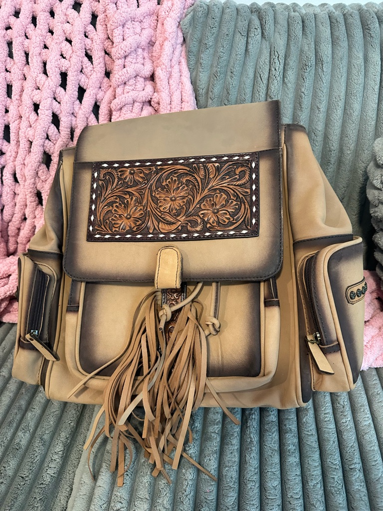 Tooled Floral Fringe Backpack In Tan Leather